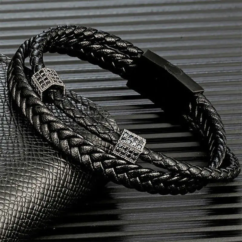 Leather Hand Woven Braided Titanium Steel Multi Bracelet