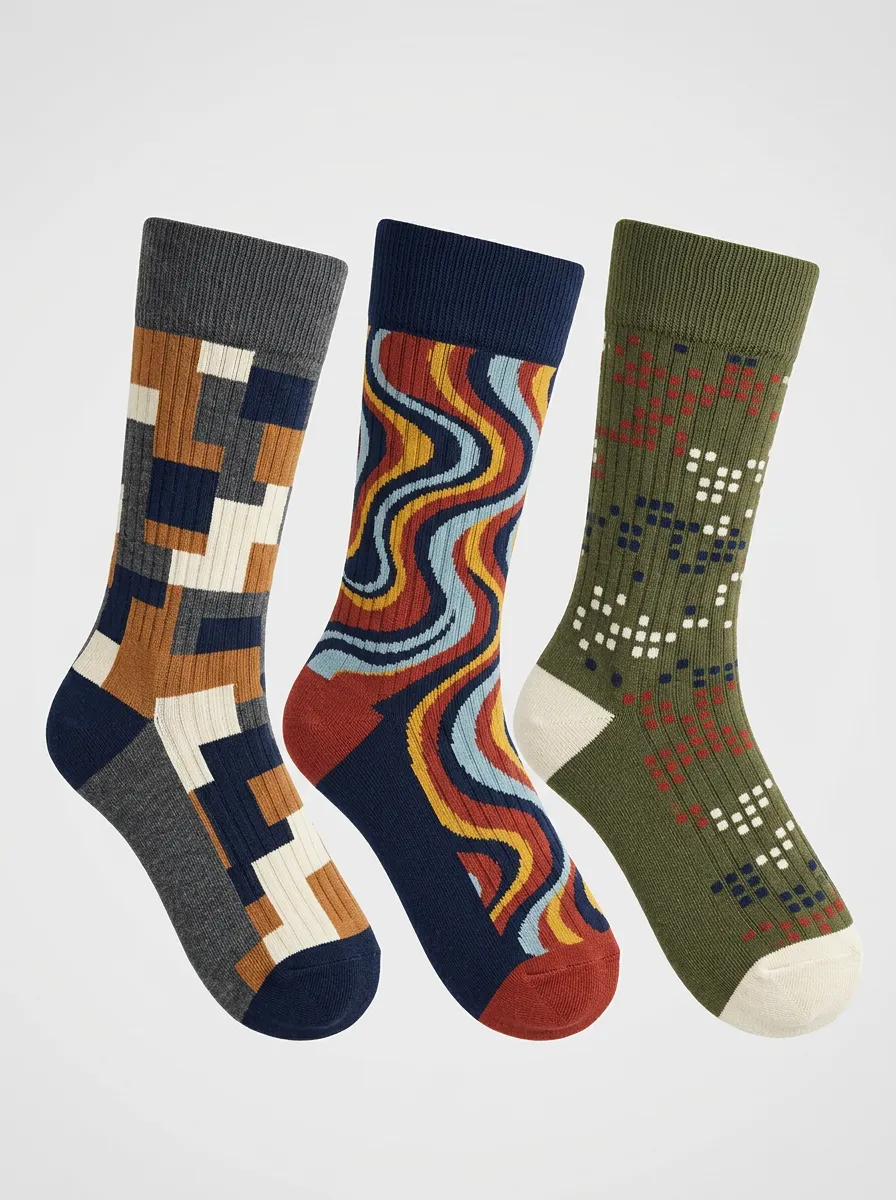 Men's Geometric Retro Wavy Pattern Printed Three-Pack Socks