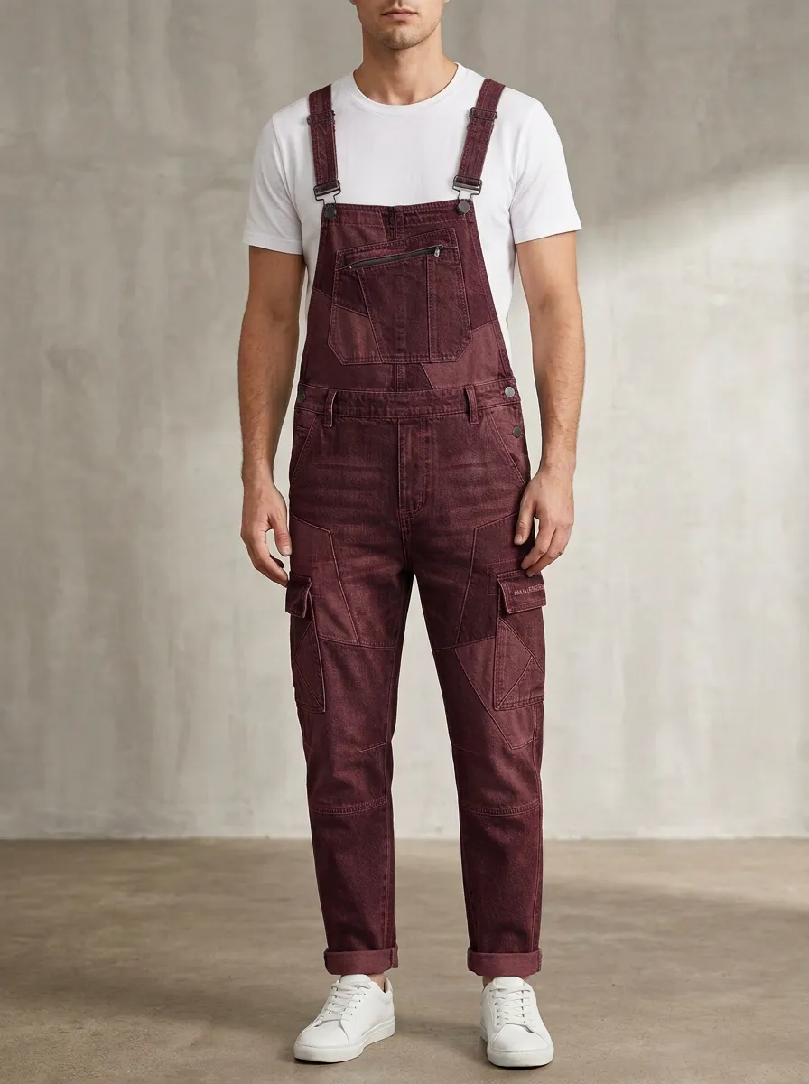 Patchwork Denim Cargo Zip Bib Overalls