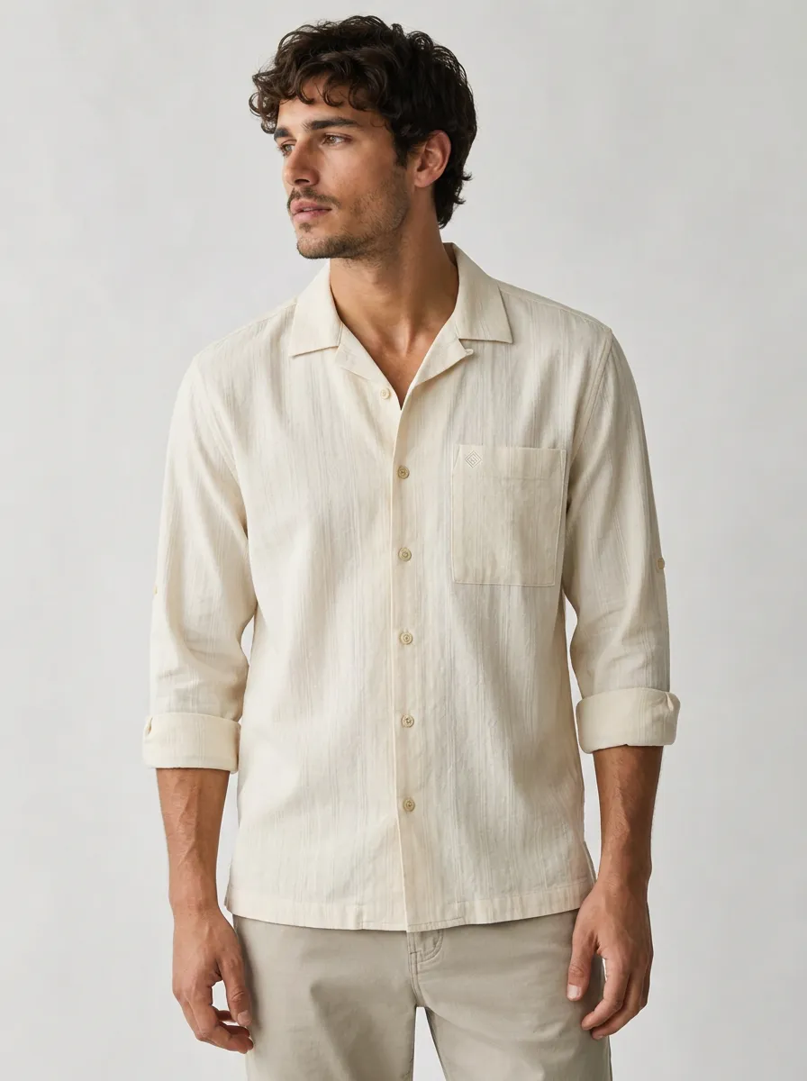 Men's Casual Breathable Solid Beige Cotton Linen Shirt