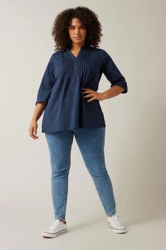 Navy Blue Pintuck Henley Top detail 1
