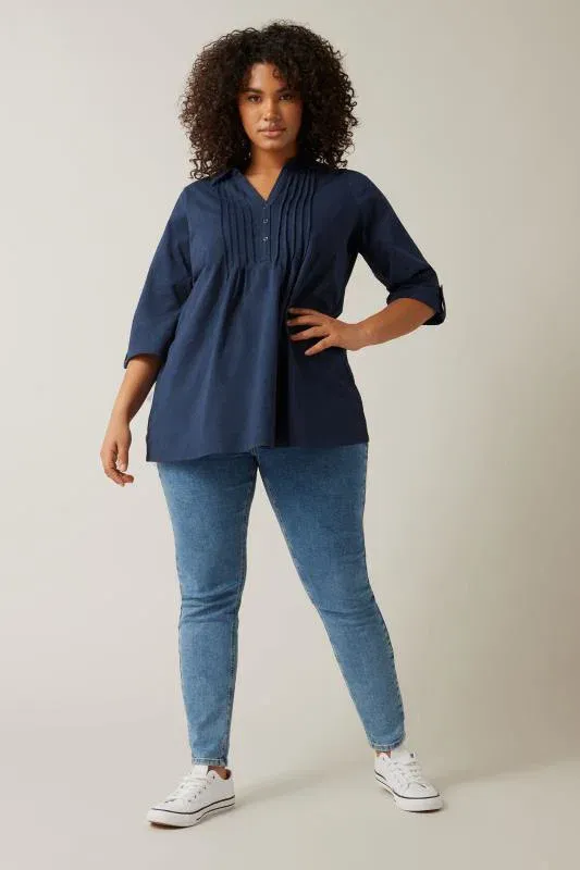Navy Blue Pintuck Henley Top