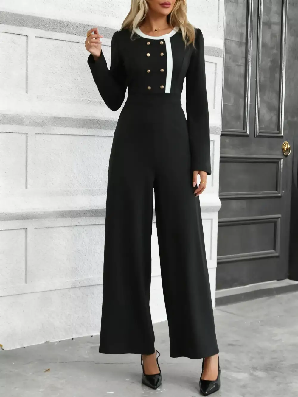 Button Decor Long Sleeve Wide Leg Jumpsuit