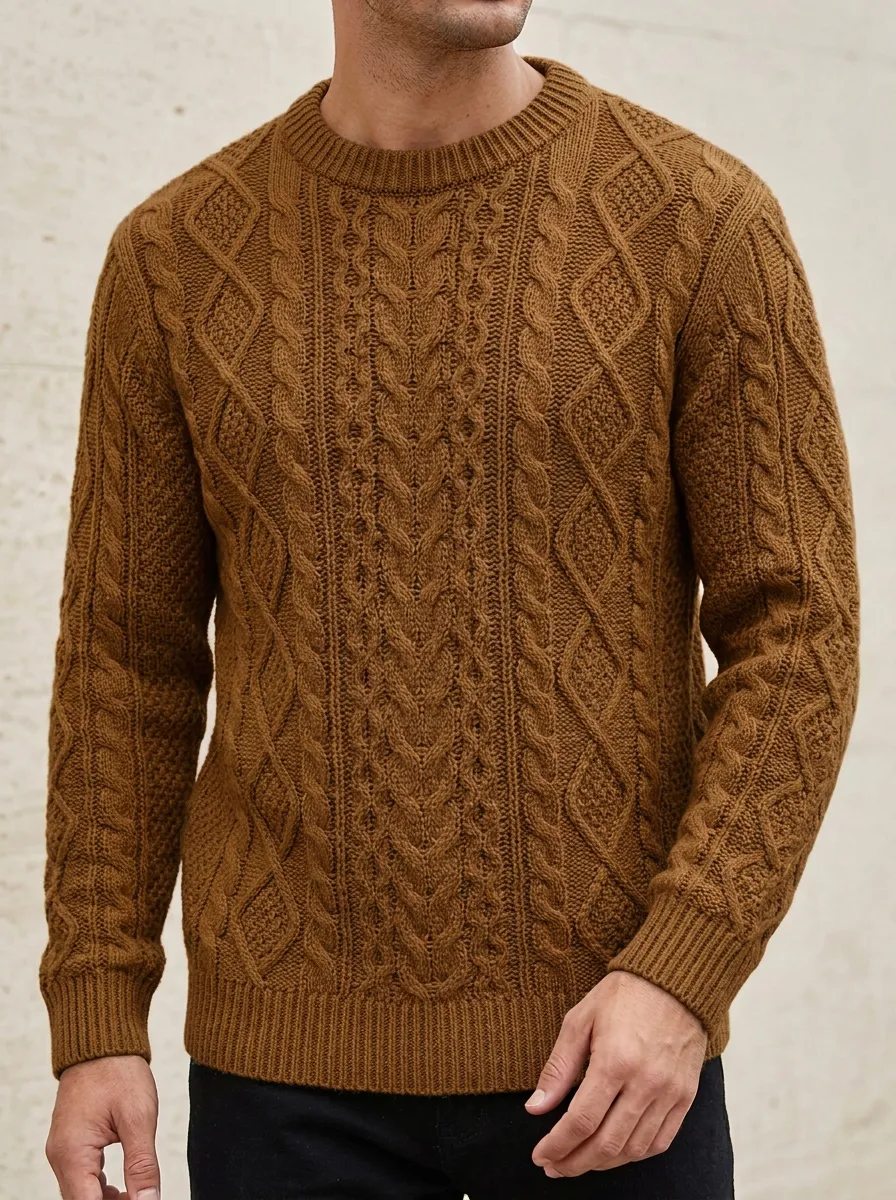 Men’s Ribbed Cable-Knit Crewneck Lounge Sweater