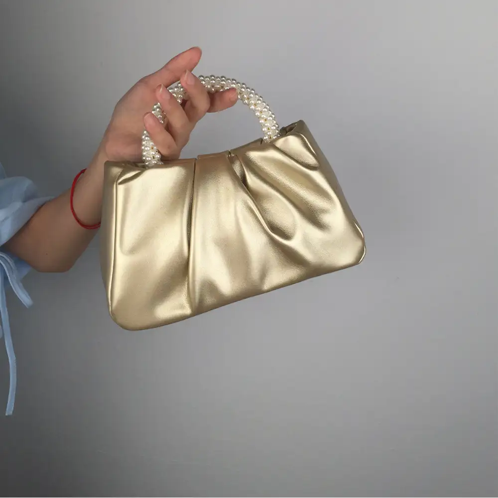 Compact Pearl Pleated Clutch Bag