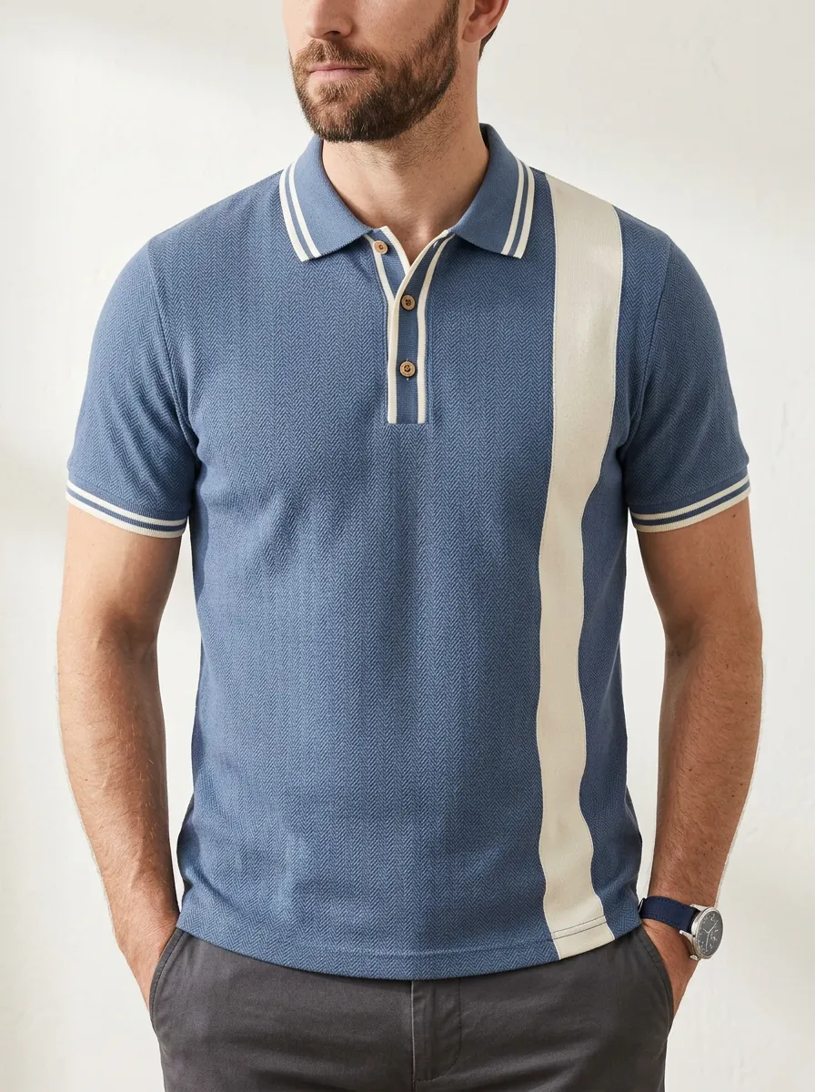Men's Vintage Herringbone Stripe Pattern Printed Polo Shirt