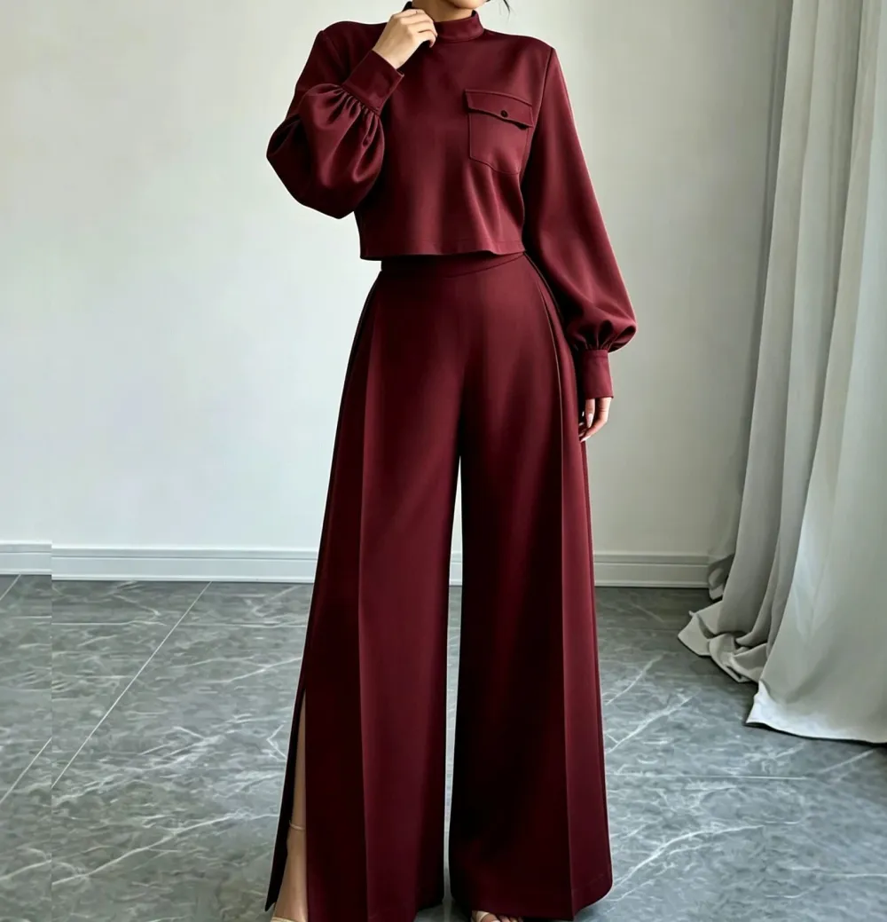 Wide-Leg Long-Sleeve Knit Women's Matching Set