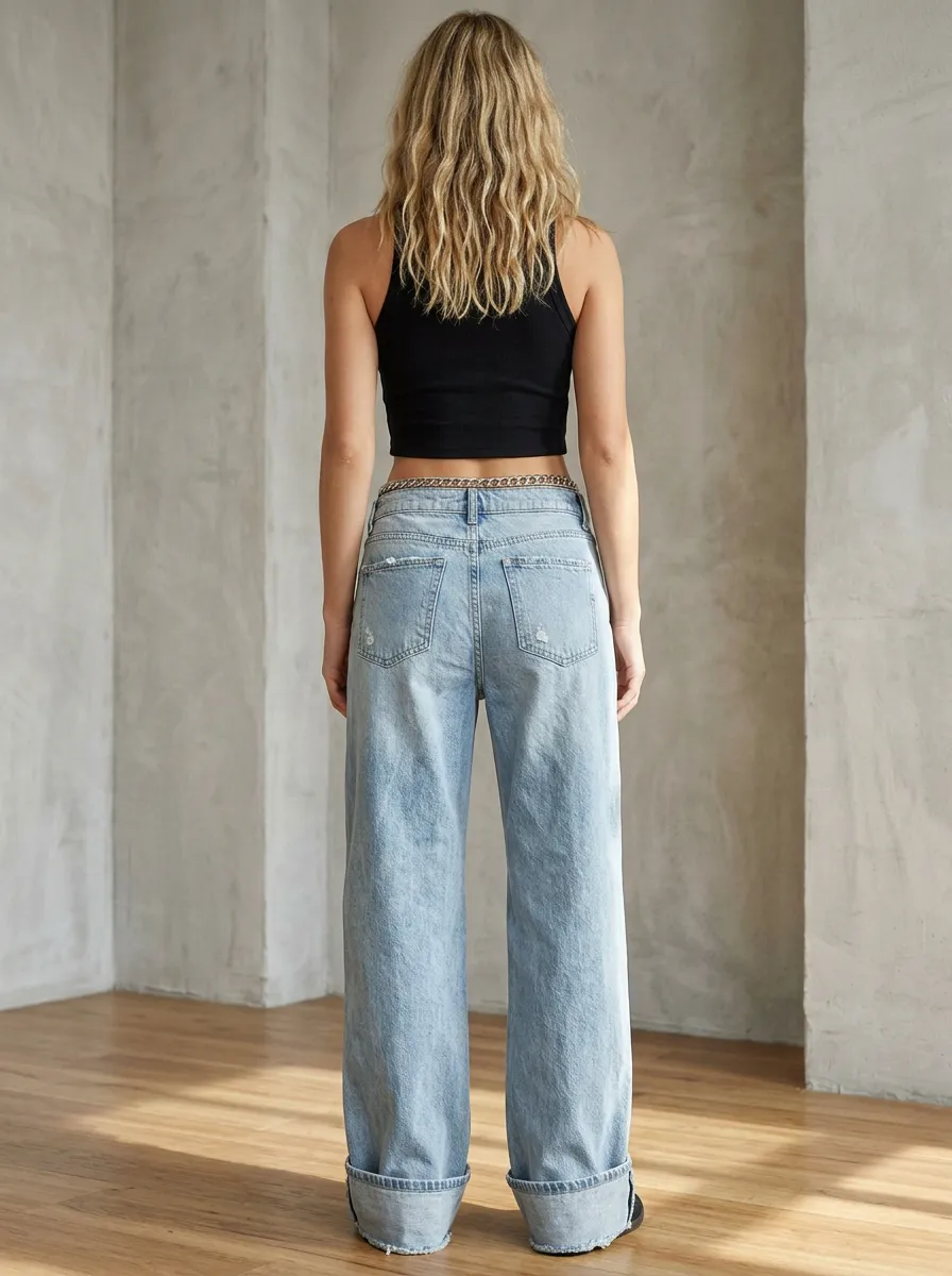 Women's Relaxed Casual Distressed Wide Leg Denim Baggy Jeans