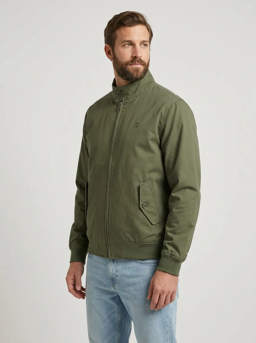 Men's Olive Green Minimalist Embroidered Harrington Jacket