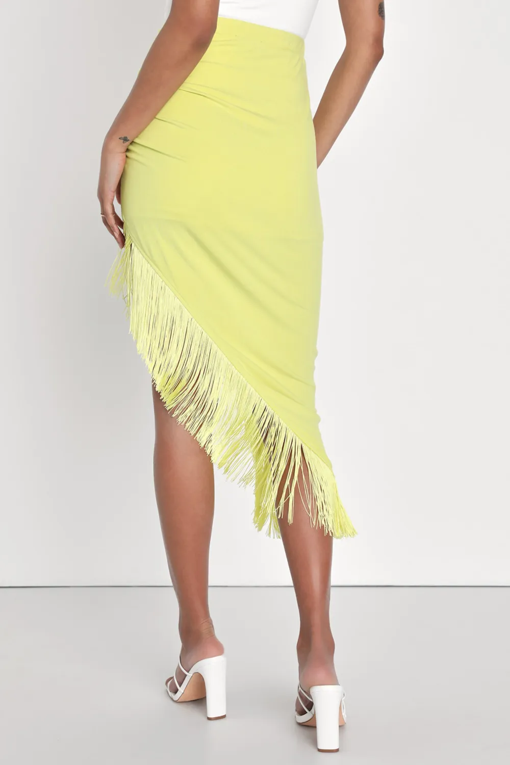 Casual Style Lime Green Ruched Fringe Midi Skirt