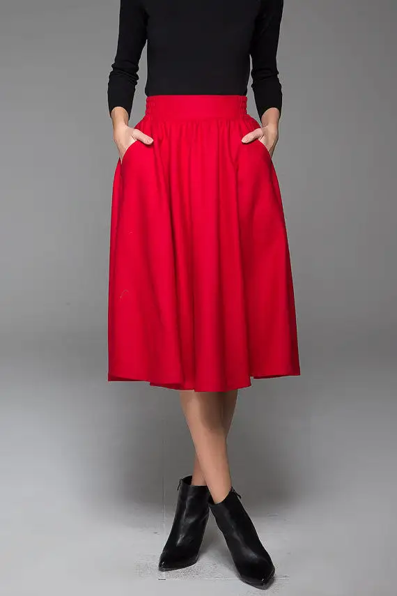Wool Blend Elastic Waist Midi Skirt