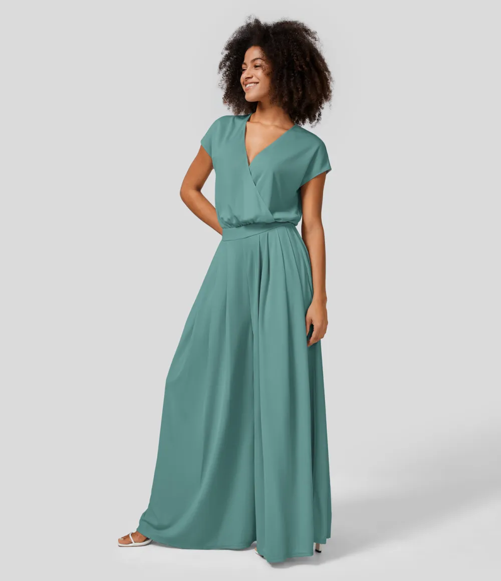 V Neck Short Sleeve Plicated Side Pocket Wide Leg Flowy Waffle Casual Jumpsuit