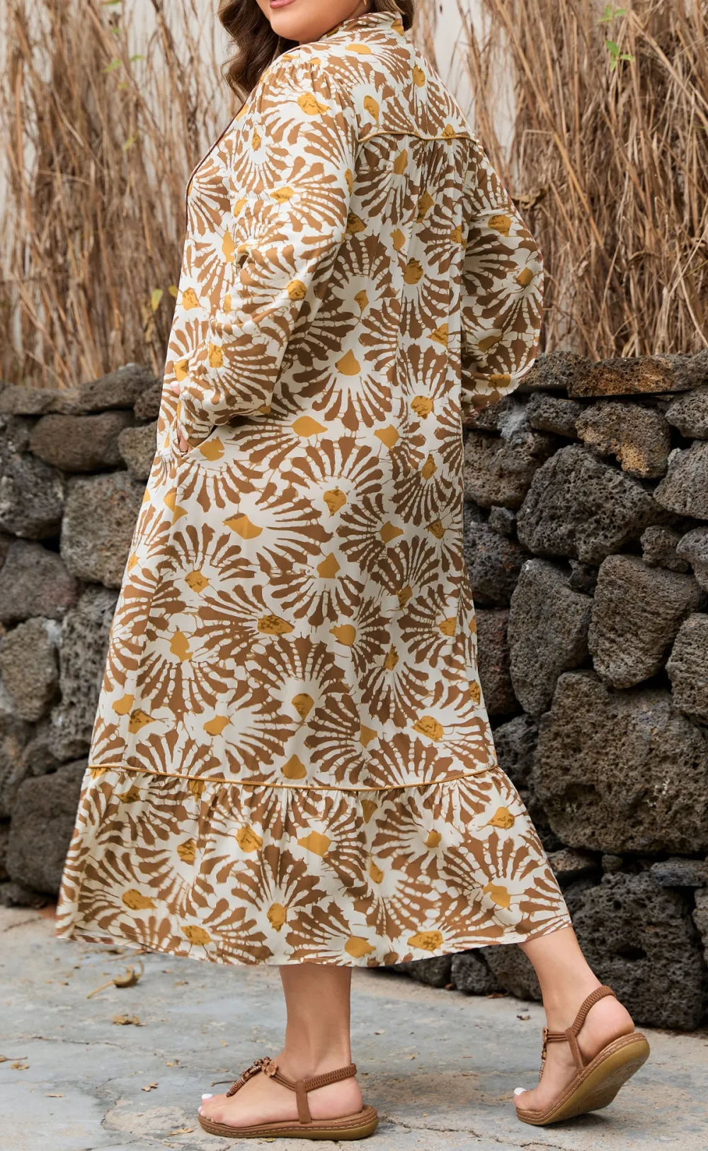 Abstract Plant Print Loose Plus Fit Long Dress