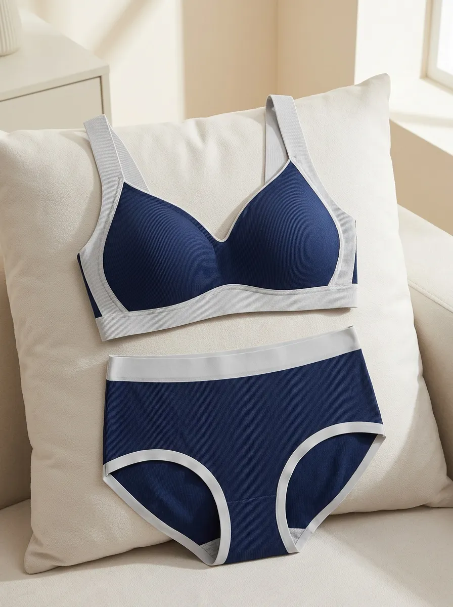 Women's Ribbed Contrast Trim And Seamless Elastic Underband Lingerie Set