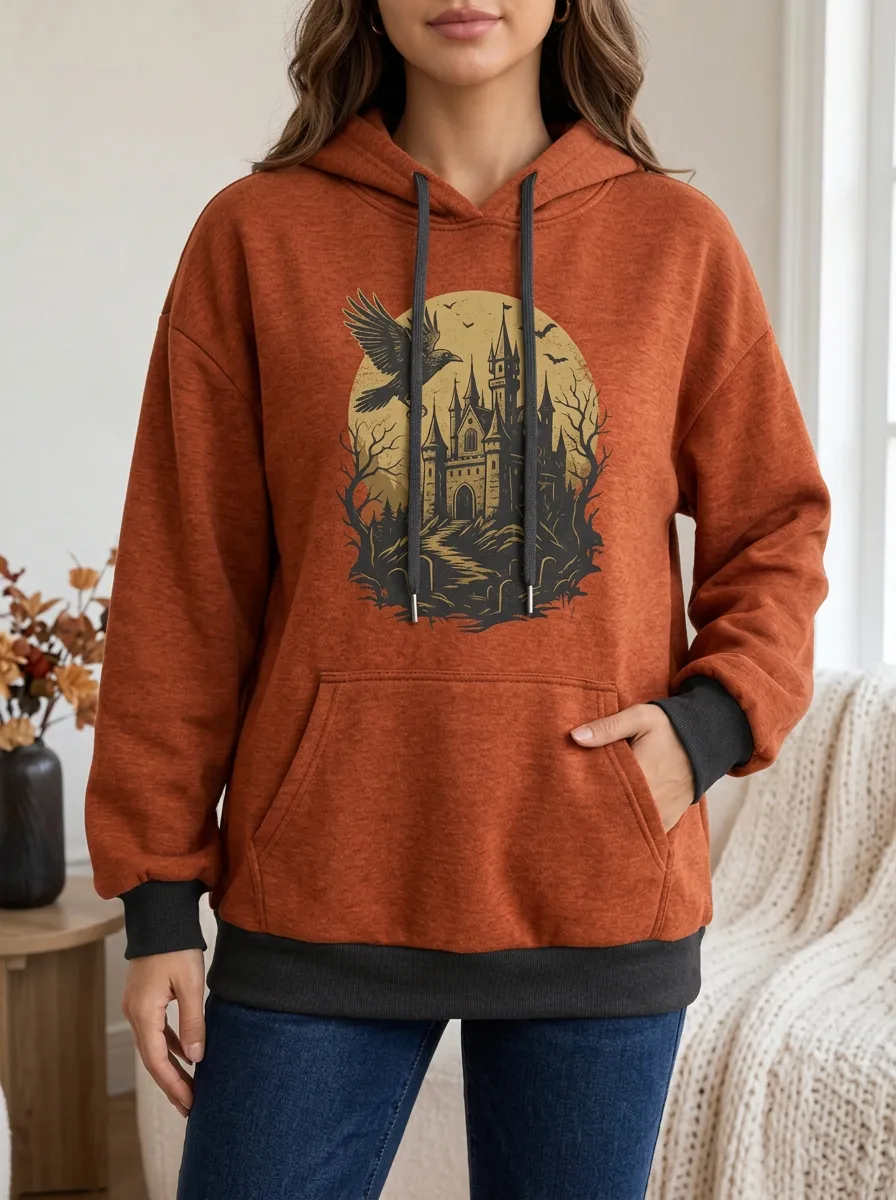 Women's Halloween Gothic Raven Castle Printed Hoodie