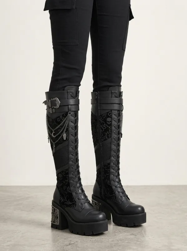 Dark Skull Chain Floral Alternative Look Women's Gothic Platform Knee High Boots
