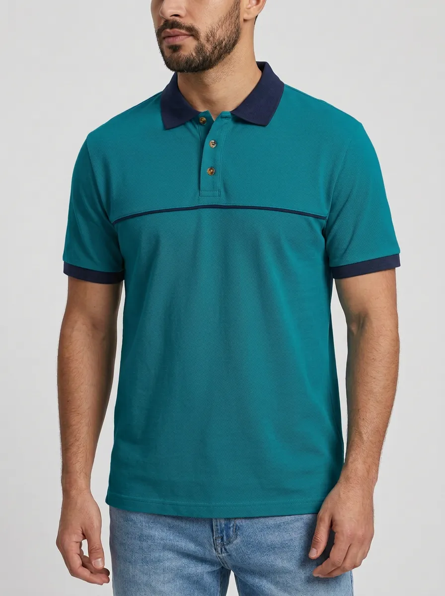 Men's Casual Khaki Navy Contrast Trim Colorblock Polo Shirt