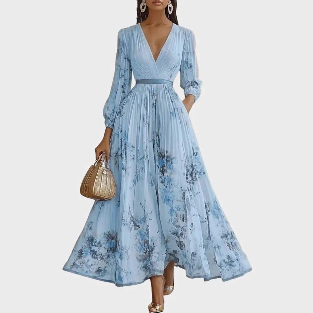  Pleated V Neck Maxi Dress
