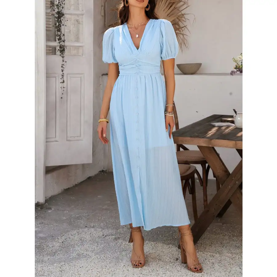 V-Neck Puff Short Sleeve Midi Dress