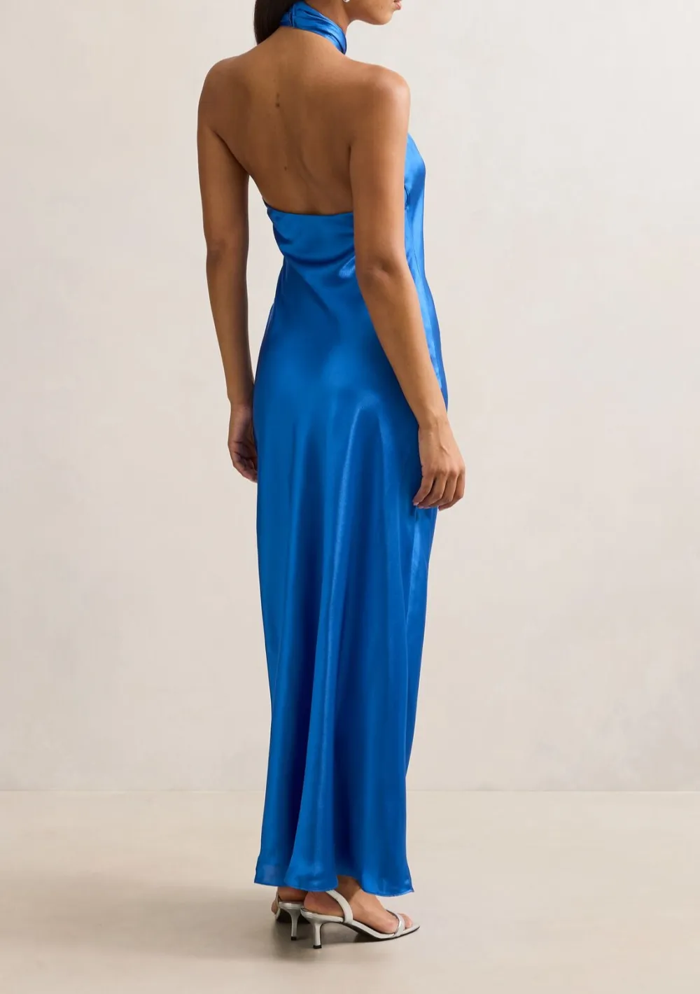 Bright Blue Halter Neck Sleeveless Satin Maxi Dress