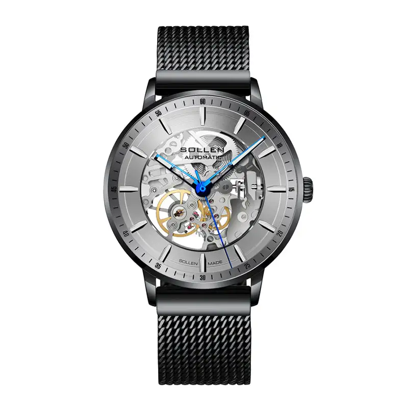 Sollen SL359 Men's Open Heart Full Skeleton Automatic Mechanical Watch - 42mm Stainless Steel Case Slim 9.9mm Luminous Markers Mesh Bracelet Wristwatch