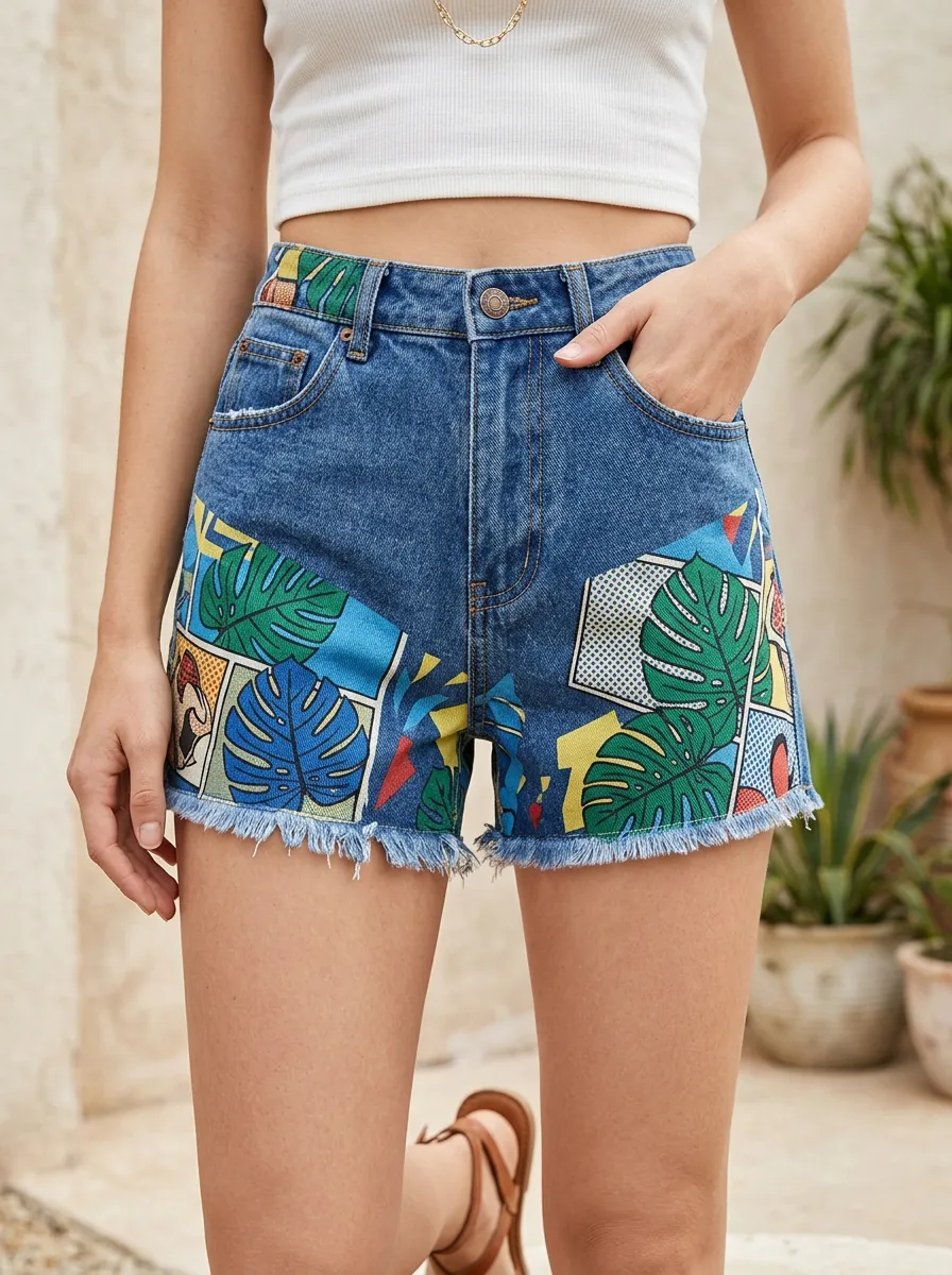 Women's Tropical Leaf Pop Art Printed Denim Shorts