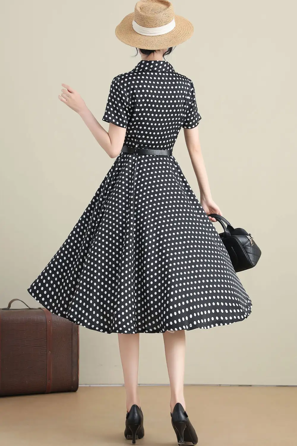 Polka Dot Polyester Swing Notched Collar Short Sleeve Midi Dress
