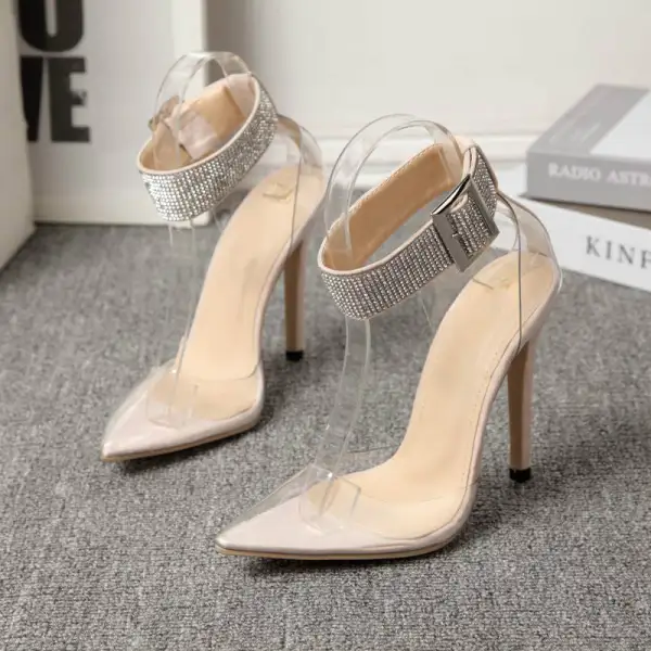 Buckle Strap Stiletto Heel Rhinestone Transparent Detail Shoes