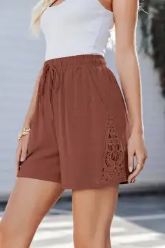 Lace Splicing Drawstring Elastic Waist Loose Linen Shorts