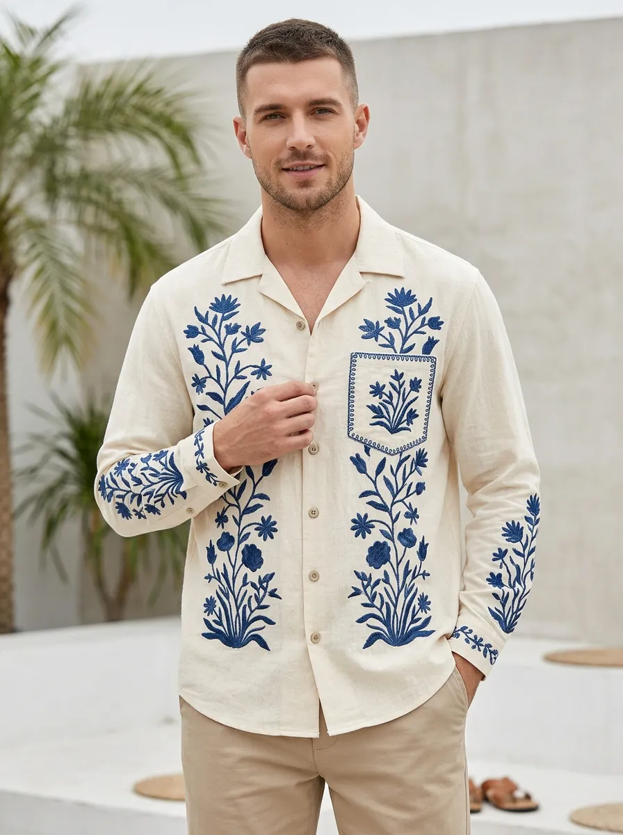 Men's Floral Refined Embroidered Long Sleeve Shirt