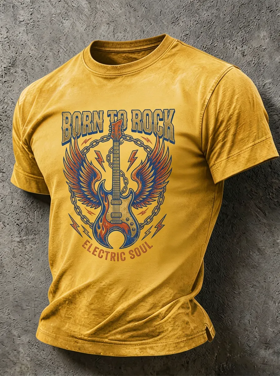 Unisex Rock Music Lover Winged Guitar Born To Rock Printed T-shirt