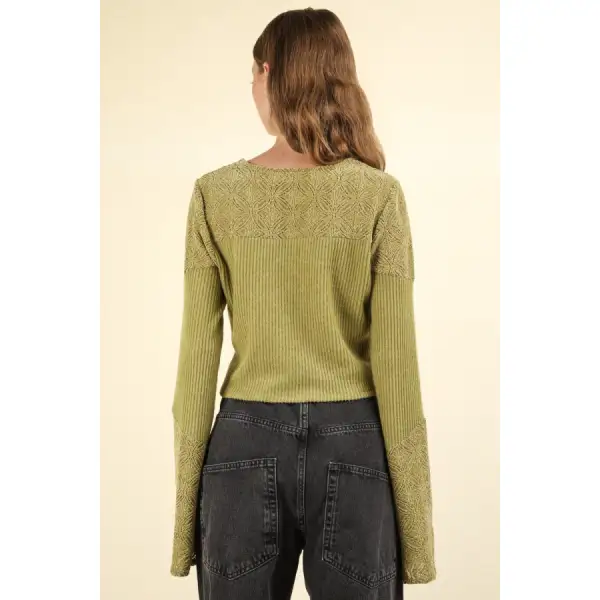 V Neck Lace Detail Button Down Crop Ribbed Knit Top