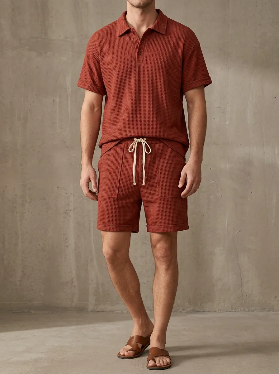 Men's Waffle Knit Solid Color Casual Polo Shirt