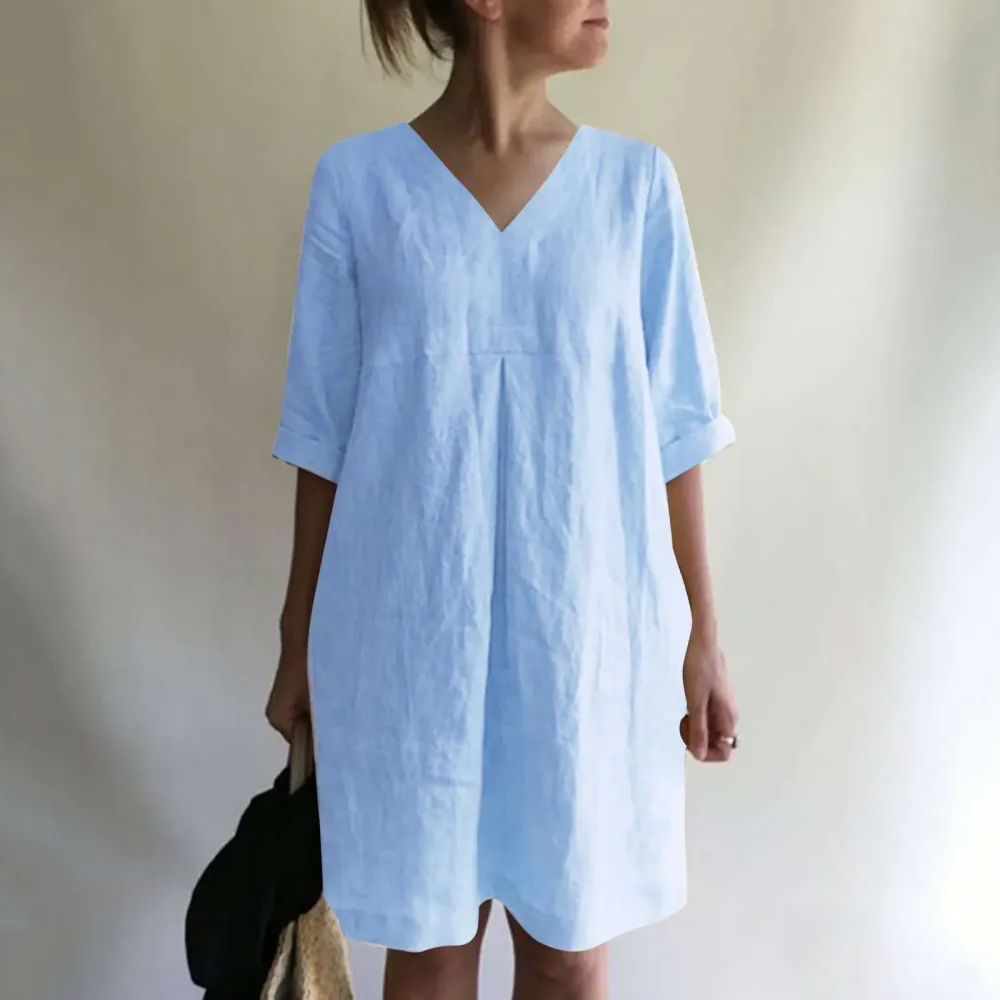 V-Neck Linen Blend Cotton Blend Midi Dress