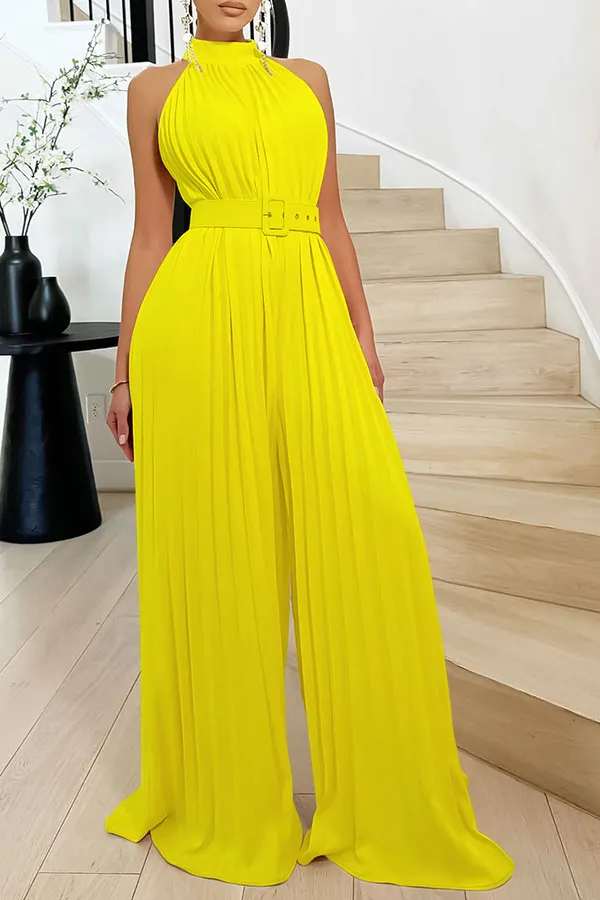 Pleated Belted Wide-Leg Jumpsuit