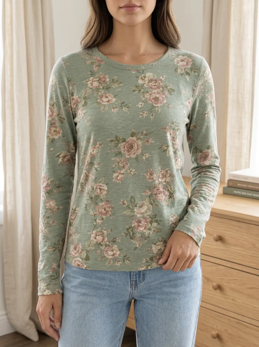 Women's Vintage Floral Sage Green Rose Printed Long Sleeve T-shirt