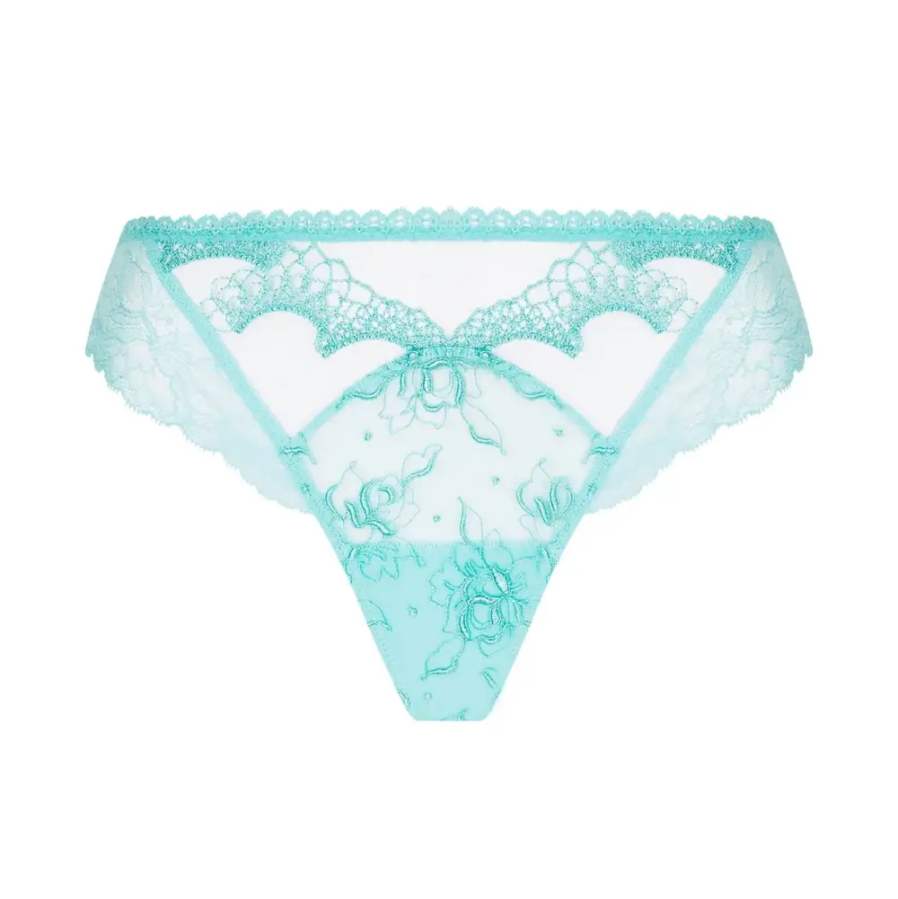 Women's Seamless Elastic Waistband Cotton Gusset Lace Embroidery Mesh Cotton Tanga Panty