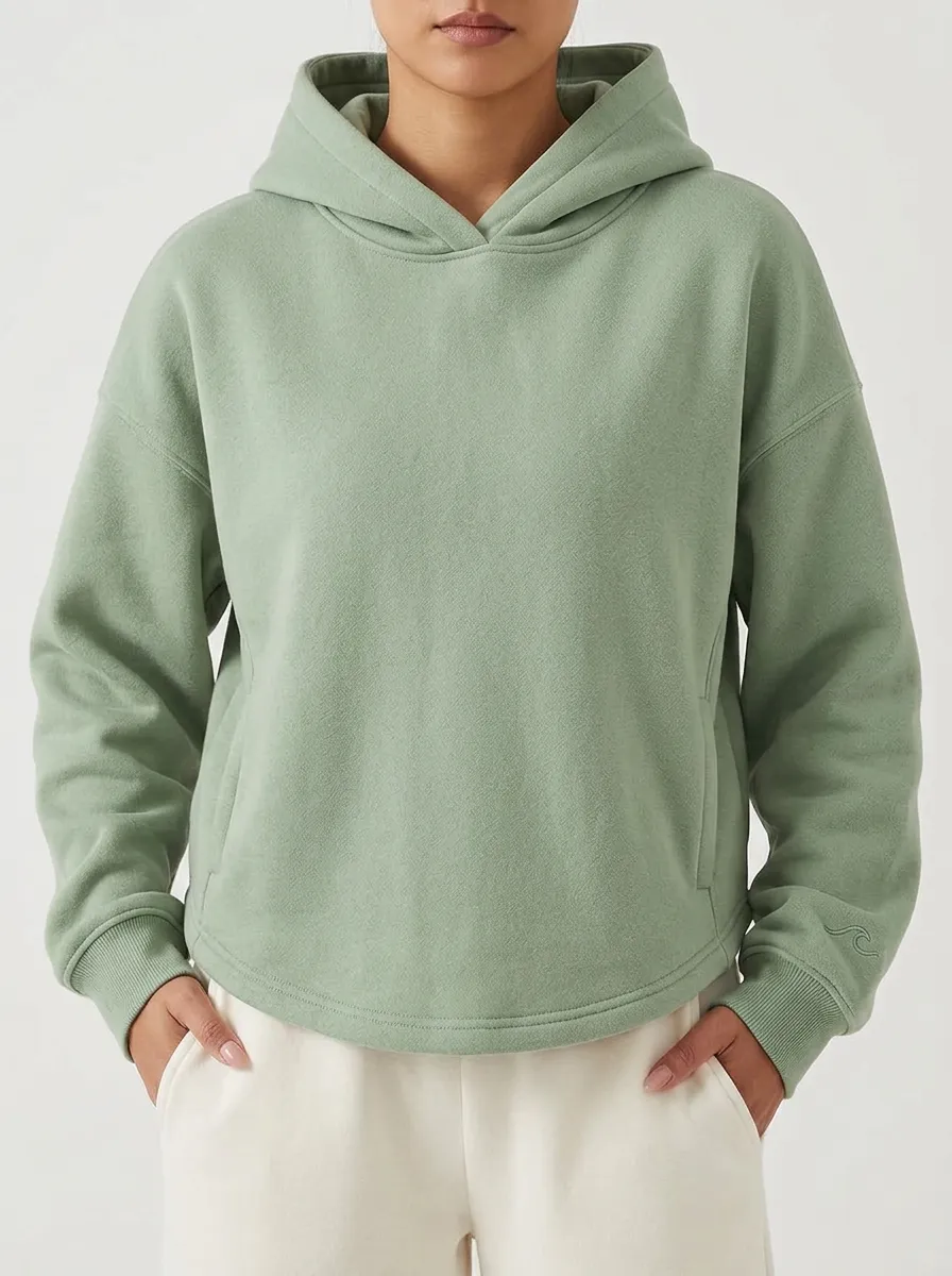 Women's Minimalist Sage Green Solid Color Embroidered Wave Hoodie