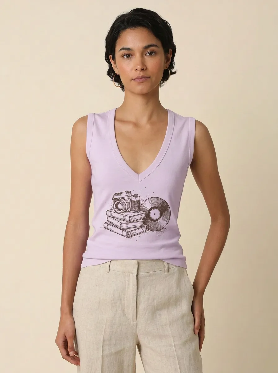 Women's Retro Hobbyist Camera Books Vinyl Record Graphic Tank Top