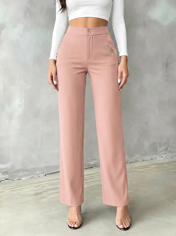 Women's Versatile Everyday Leaf Embroidered Mid Rise Straight Leg Pants