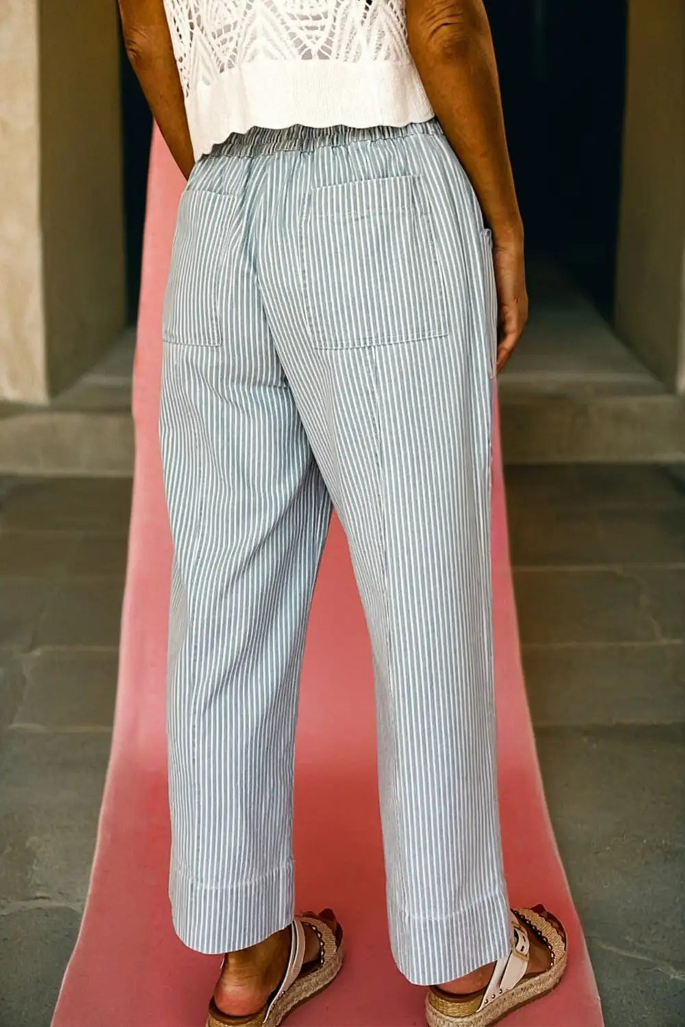 Women's Stripe Mid Rise Drawstring Waist Jeans
