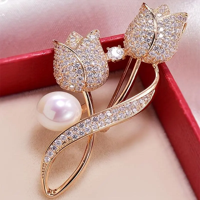Tulip Brooch Rhinestones And Faux Pearl