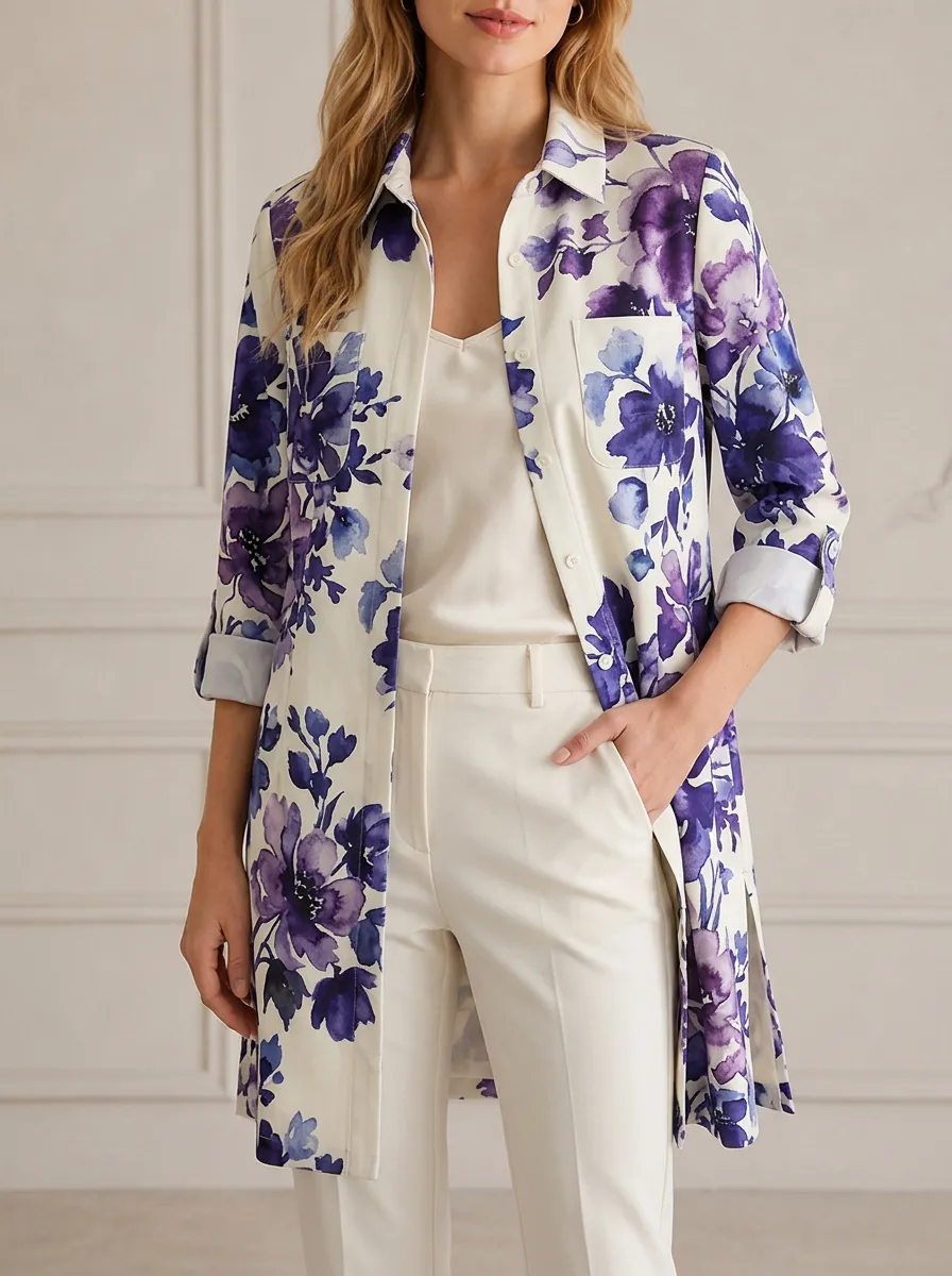 Women's Floral Lover Purple Watercolor Printed Longline Shirt