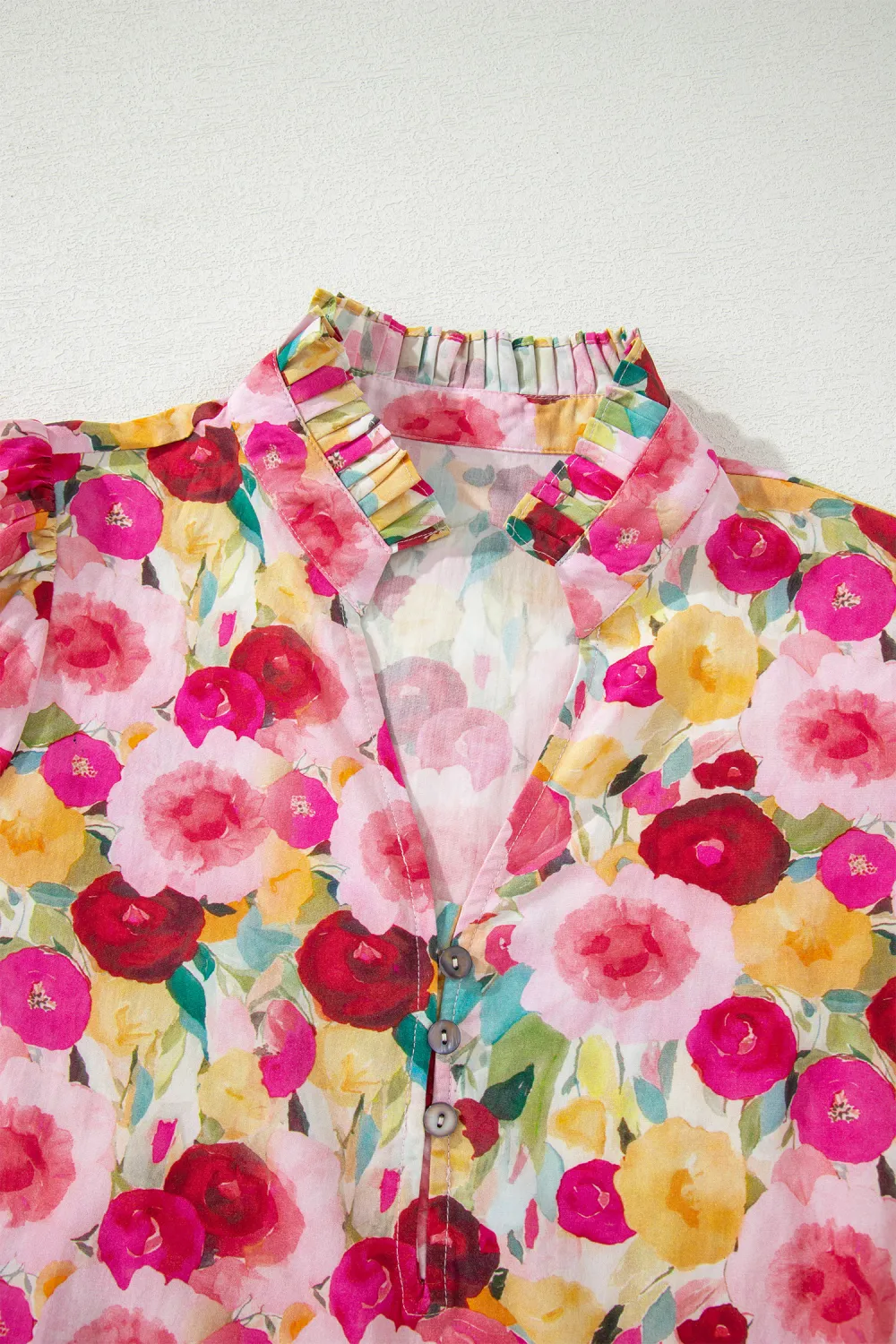 Pink Floral Frilled V Neck Blouse