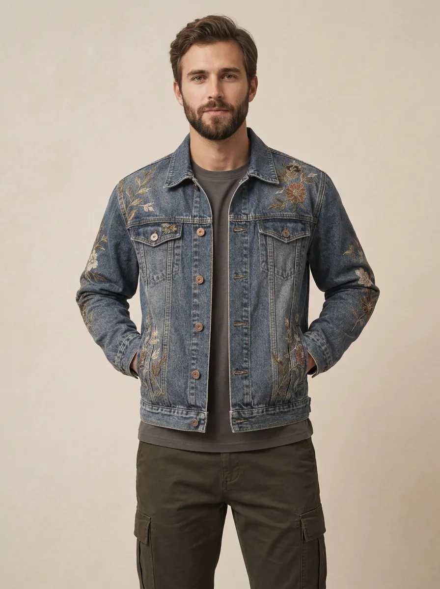 Men's Floral Artisan Vintage Inspired Denim Jacket