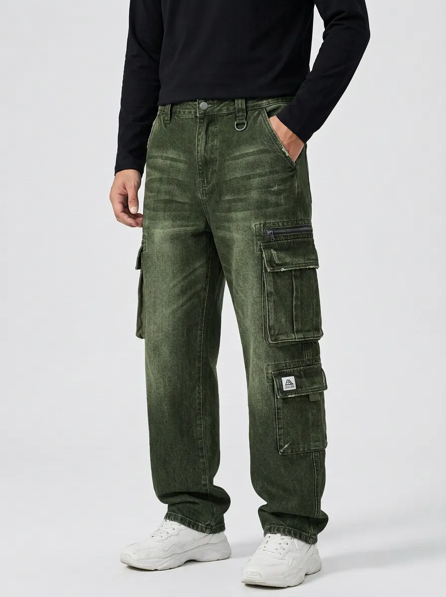 Men's Distressed Denim Multi-Pocket Cargo Jeans