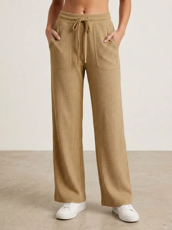 Women's Casual Lounge Beige Waffle Knit Drawstring Pants