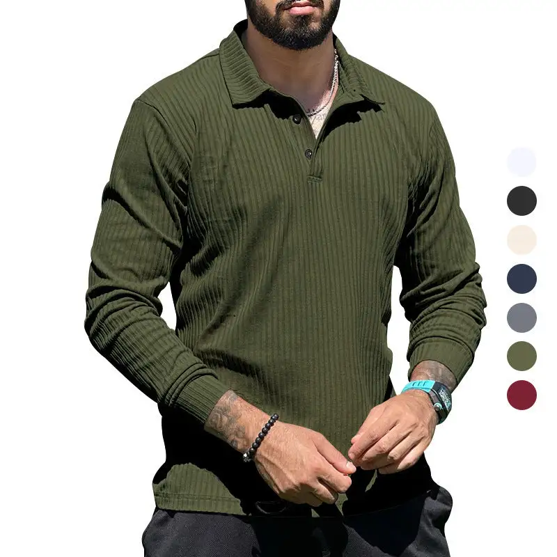 Streamlined Ribbed Button Placket Long Sleeve Fine Knit Polo Shirt
