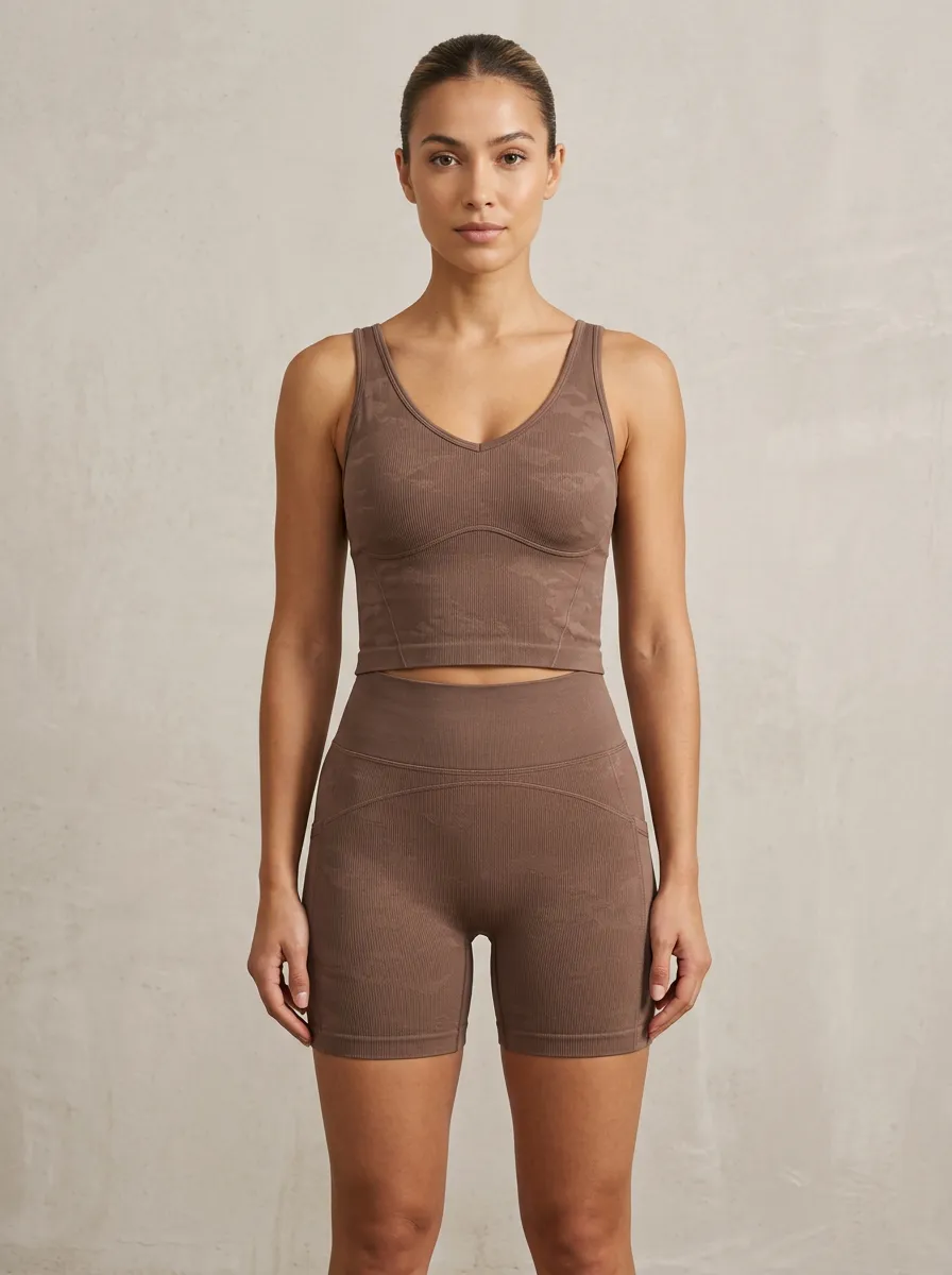 Contemporary Camo Pattern Ribbed Texture Finish Women's Tank Top And Sports Shorts Set