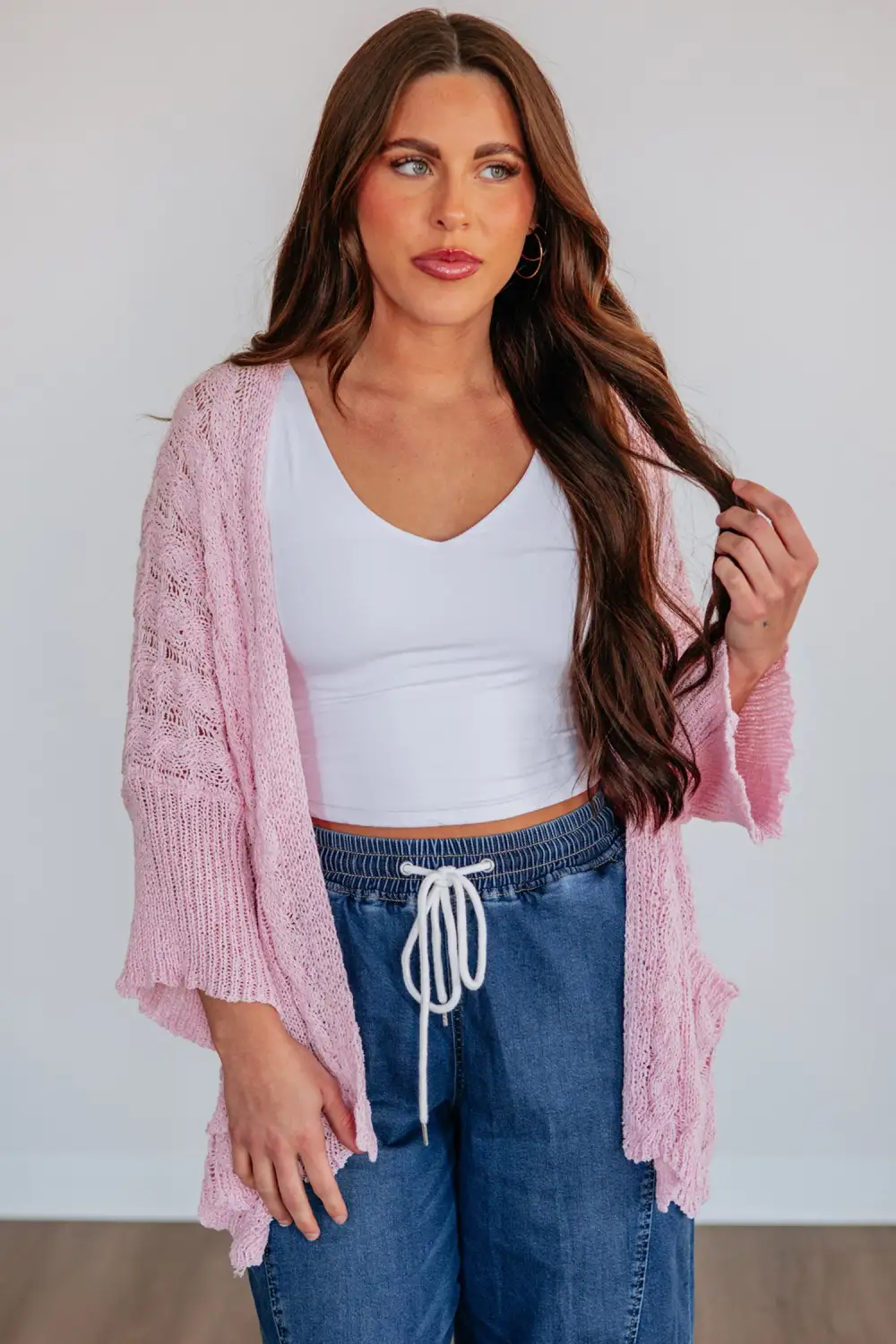 Drop Shoulder Crochet Knit Open Front Cardigan